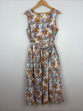 Seasalt Cornwall Belle Dress Womens 12 Gray Blue Floral Organic Cotton Midi